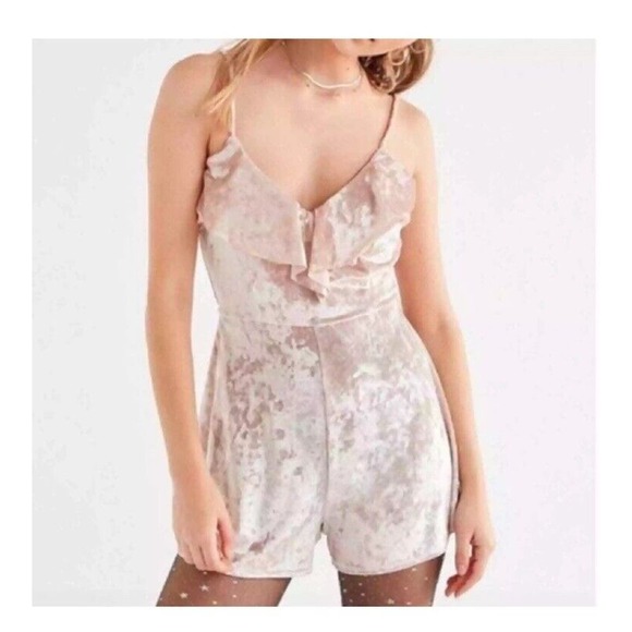 URBAN OUTFITTERS Velvet Romper S Ruffle Cut‎ Out Open Back Party Club Neutral - Picture 2 of 9